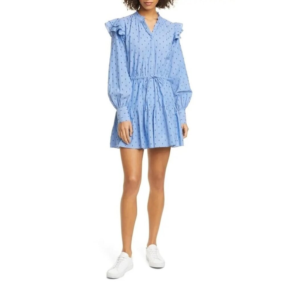 JOIE Monesa Ruffle Cotton Dress Size Large Denim Chambray Long Sleeves Blue New